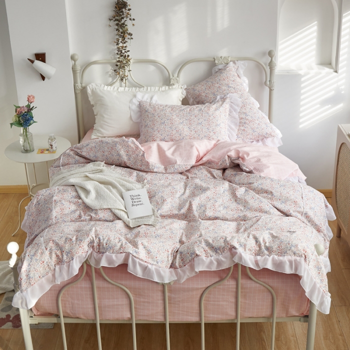 91家纺网 家纺一手货源 找家纺 怡家居 2021新款韩版全棉四件套 粉诺