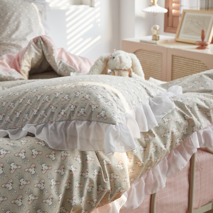 91家纺网 家纺一手货源 找家纺 怡家居 2021新款韩版全棉四件套 领结兔