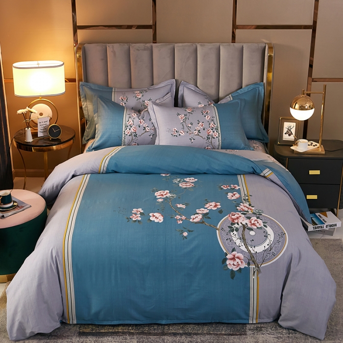 91家纺网 家纺一手货源 找家纺 雲归梦2021全棉大版四件套第二批花卉格调系列 晨梦蓝