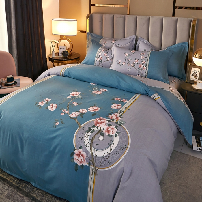 91家纺网 家纺一手货源 找家纺 雲归梦2021全棉大版四件套第二批花卉格调系列 晨梦蓝