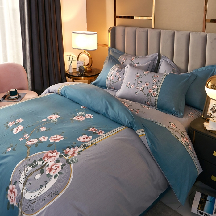 91家纺网 家纺一手货源 找家纺 雲归梦2021全棉大版四件套第二批花卉格调系列 晨梦蓝