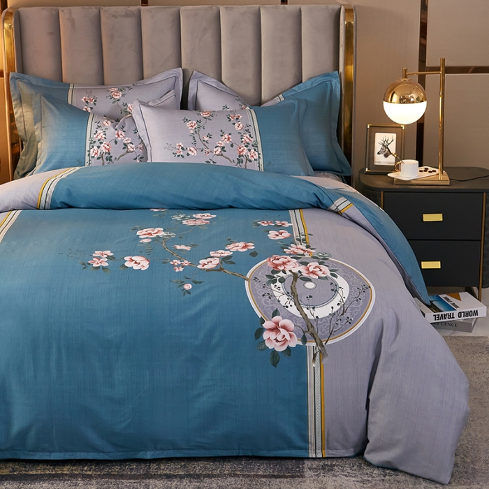 91家纺网 家纺一手货源 找家纺 雲归梦2021全棉大版四件套第二批花卉格调系列 晨梦蓝