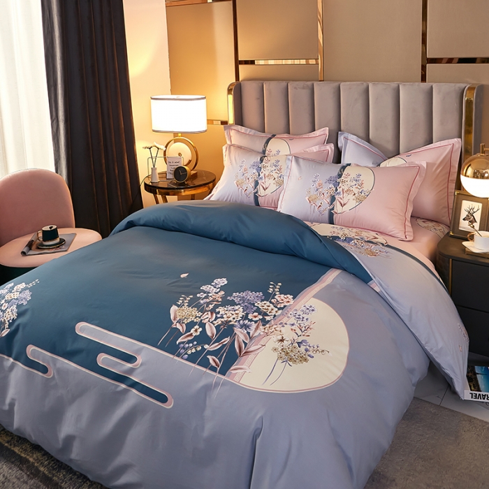 91家纺网 家纺一手货源 找家纺 雲归梦2021全棉大版四件套第二批花卉格调系列 春风里蓝