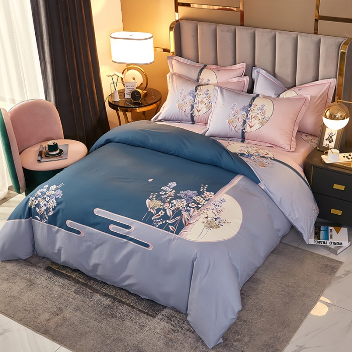 91家纺网 家纺一手货源 找家纺 雲归梦2021全棉大版四件套第二批花卉格调系列 春风里蓝