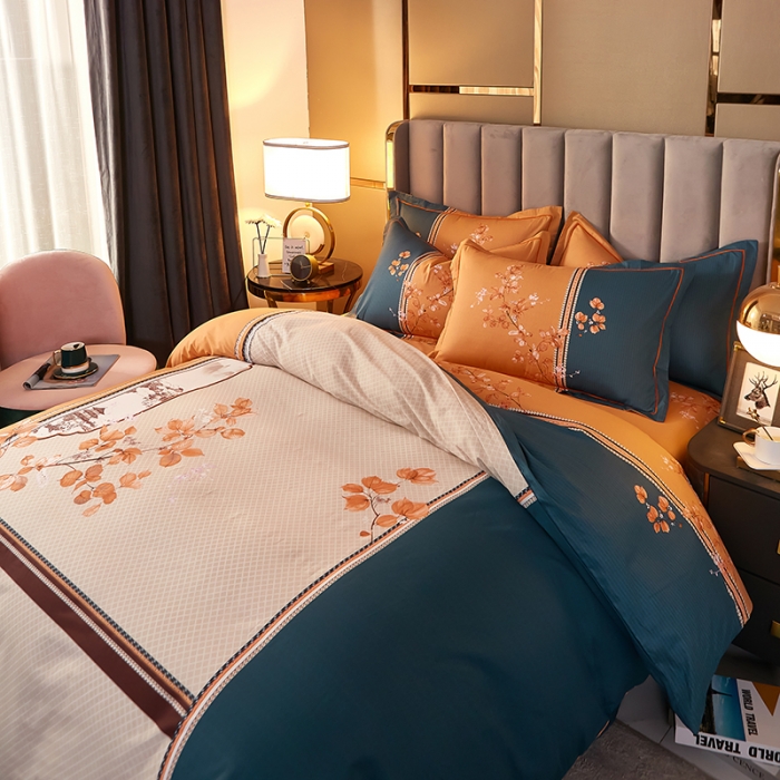 91家纺网 家纺一手货源 找家纺 雲归梦2021全棉大版四件套第二批花卉格调系列 江山如画橙