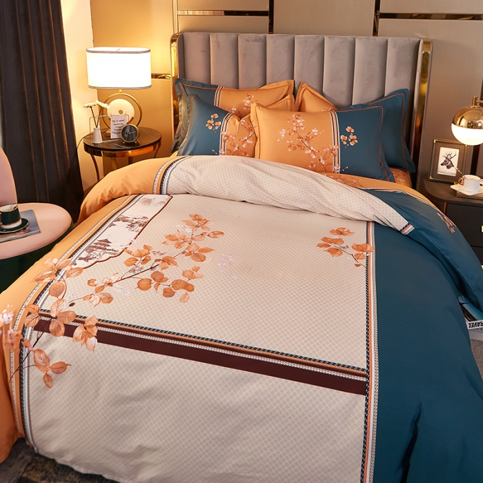 91家纺网 家纺一手货源 找家纺 雲归梦2021全棉大版四件套第二批花卉格调系列 江山如画橙