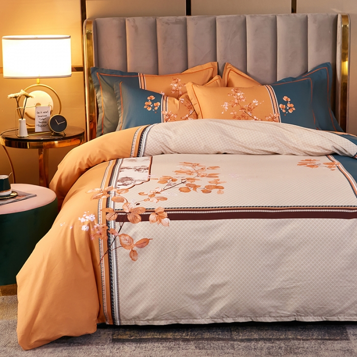 91家纺网 家纺一手货源 找家纺 雲归梦2021全棉大版四件套第二批花卉格调系列 江山如画橙