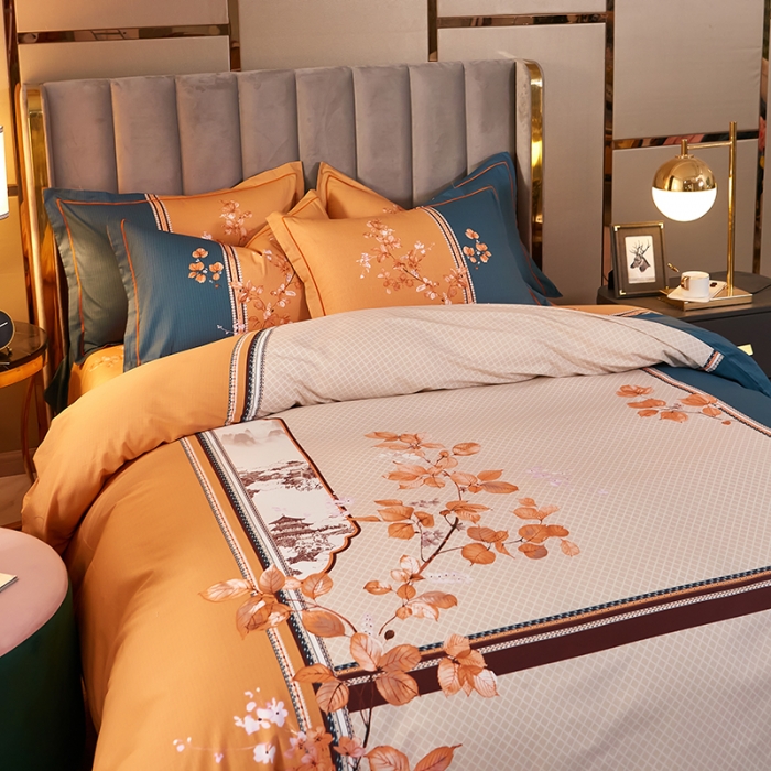 91家纺网 家纺一手货源 找家纺 雲归梦2021全棉大版四件套第二批花卉格调系列 江山如画橙