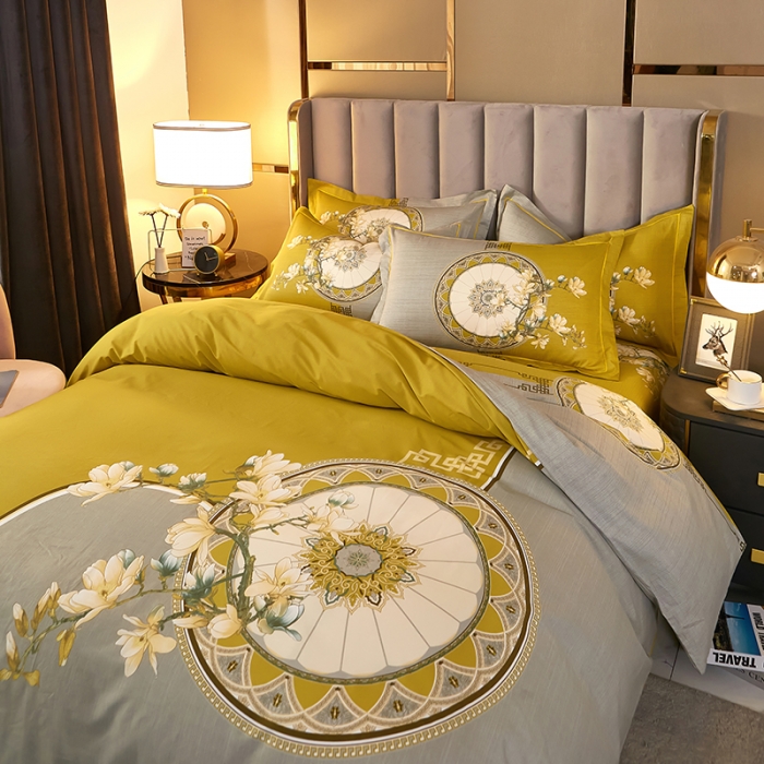 91家纺网 家纺一手货源 找家纺 雲归梦2021全棉大版四件套第二批花卉格调系列 意蕴黄