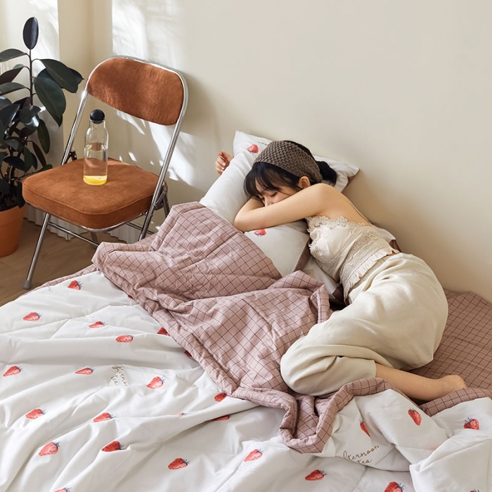 91家纺网 家纺一手货源 找家纺 莱福仕家纺 2022新款全棉喷气夏被四件套系列 夏日草莓白