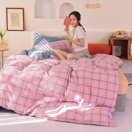 91家纺网 家纺一手货源 找家纺 慕梵 2021新款全棉水洗棉撞色系列四件套 曼森粉格