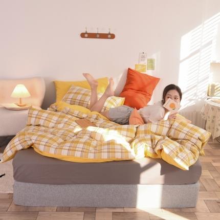 91家纺网 家纺一手货源 找家纺 慕梵 2021新款全棉水洗棉撞色系列四件套 芒果格