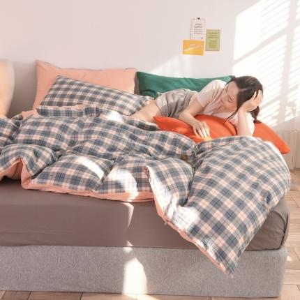 91家纺网 家纺一手货源 找家纺 慕梵 2021新款全棉水洗棉撞色系列四件套 清雅灰格