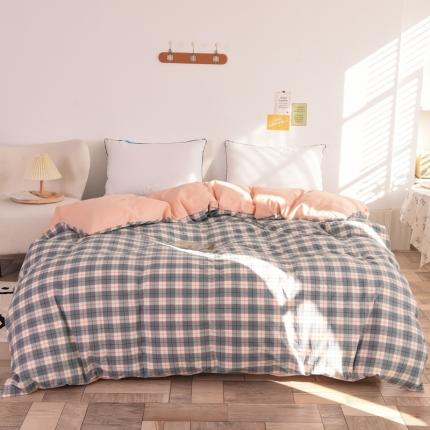 91家纺网 家纺一手货源 找家纺 慕梵 2021新款全棉水洗棉撞色系列单被套 清雅灰格