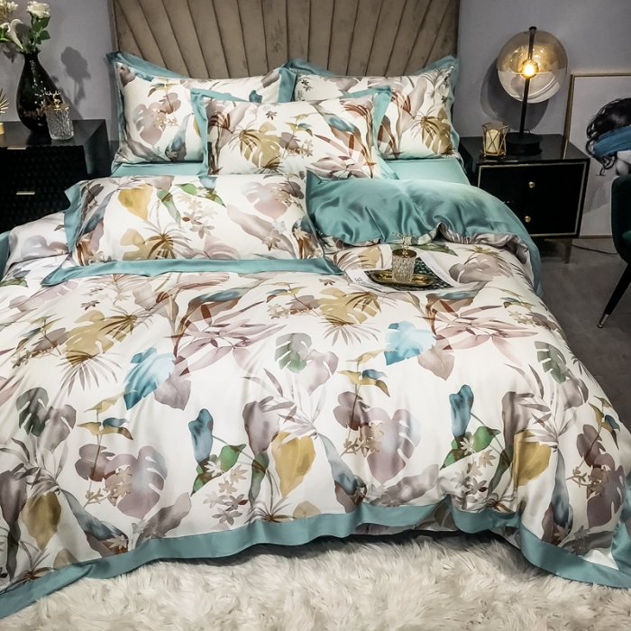 91家纺网 家纺一手货源 找家纺 朵美 2021新款60天丝印花四件套 丛林花影