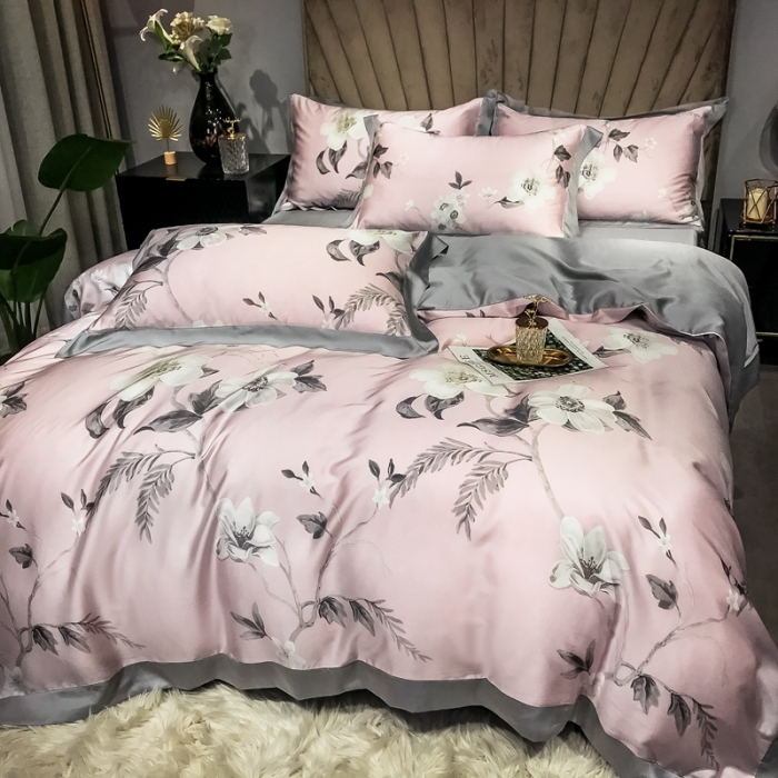 91家纺网 家纺一手货源 找家纺 朵美 2021新款60天丝印花四件套 郊游咖