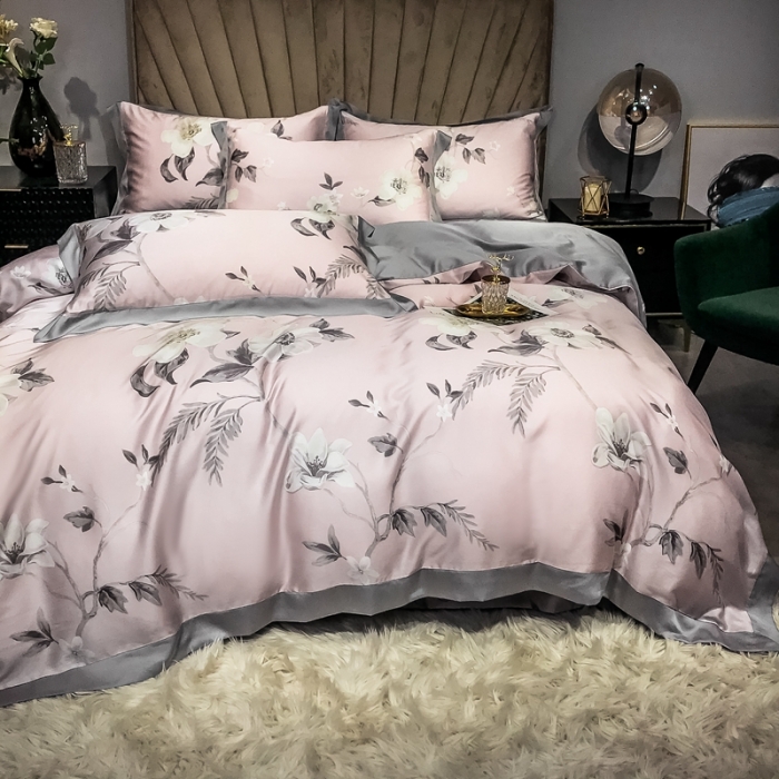 91家纺网 家纺一手货源 找家纺 朵美 2021新款60天丝印花四件套 郊游咖