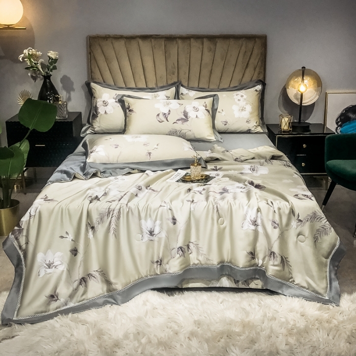 91家纺网 家纺一手货源 找家纺 朵美 2021新款60天丝印花四件套 郊游绿