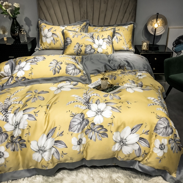 91家纺网 家纺一手货源 找家纺 朵美 2021新款60天丝印花四件套 米卢黄