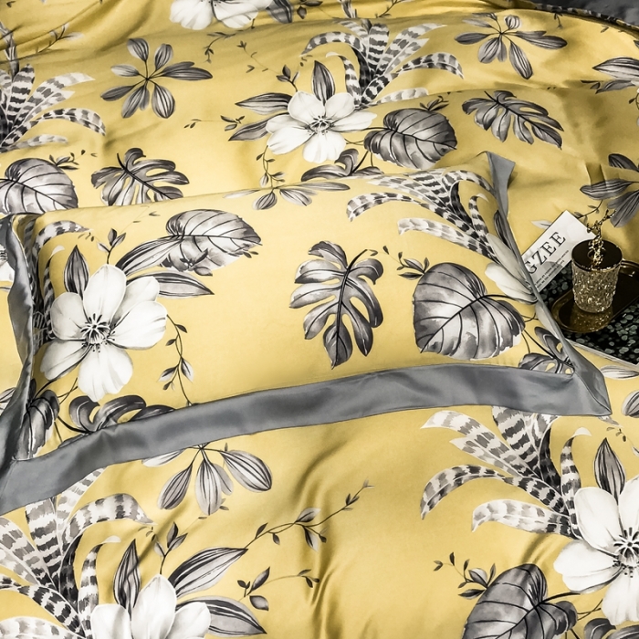 91家纺网 家纺一手货源 找家纺 朵美 2021新款60天丝印花四件套 米卢黄