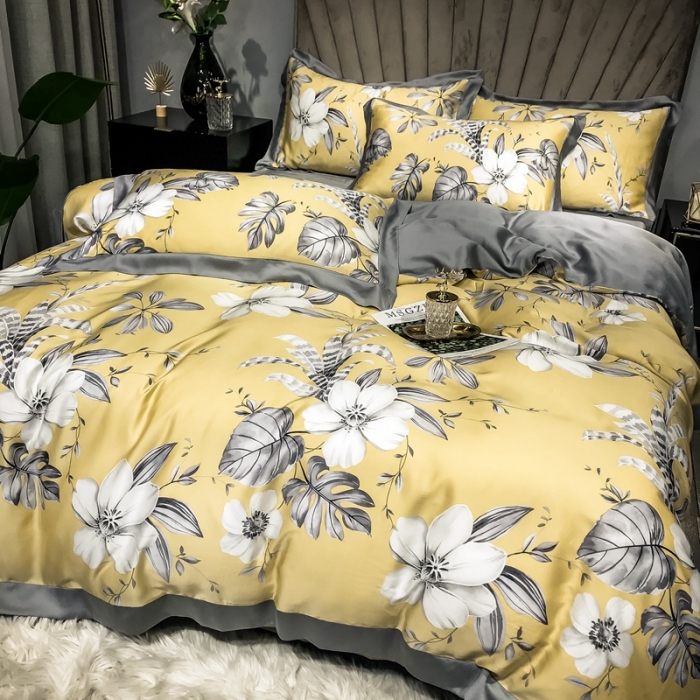 91家纺网 家纺一手货源 找家纺 朵美 2021新款60天丝印花四件套 米卢黄