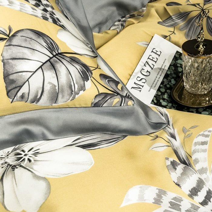 91家纺网 家纺一手货源 找家纺 朵美 2021新款60天丝印花四件套 米卢黄