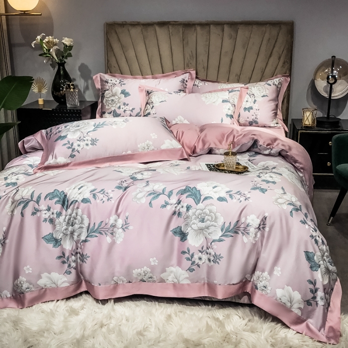 91家纺网 家纺一手货源 找家纺 朵美 2021新款60天丝印花四件套 慕恋粉