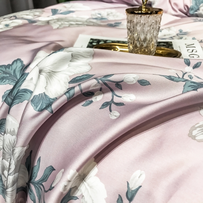 91家纺网 家纺一手货源 找家纺 朵美 2021新款60天丝印花四件套 慕恋粉