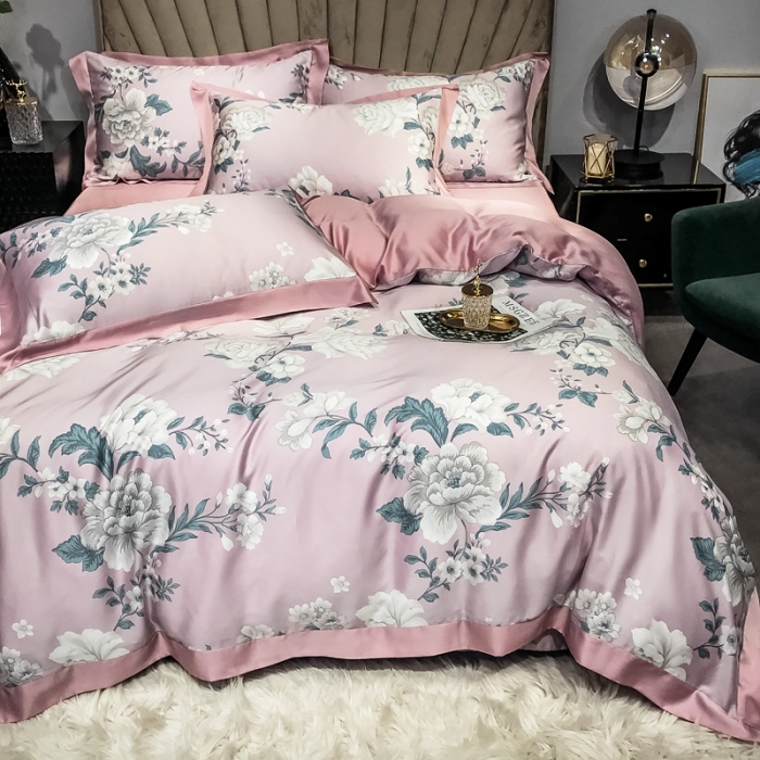 91家纺网 家纺一手货源 找家纺 朵美 2021新款60天丝印花四件套 慕恋粉