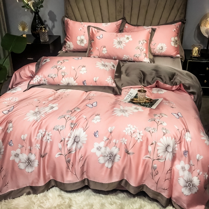 91家纺网 家纺一手货源 找家纺 朵美 2021新款60天丝印花四件套 霓裳蝶舞咖