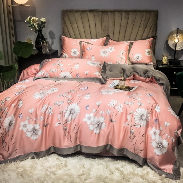 91家纺网 家纺一手货源 找家纺 朵美 2021新款60天丝印花四件套 霓裳蝶舞咖