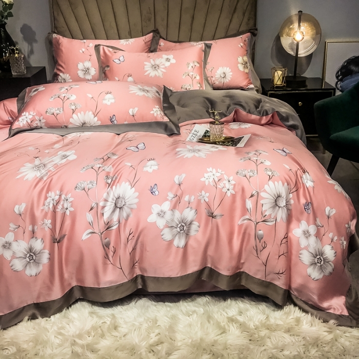 91家纺网 家纺一手货源 找家纺 朵美 2021新款60天丝印花四件套 霓裳蝶舞咖