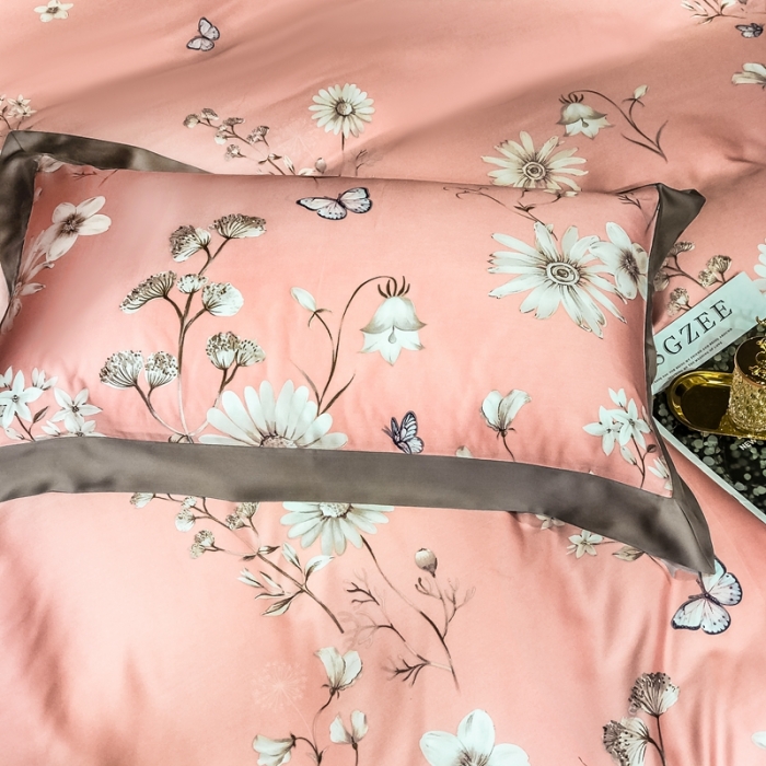 91家纺网 家纺一手货源 找家纺 朵美 2021新款60天丝印花四件套 霓裳蝶舞咖