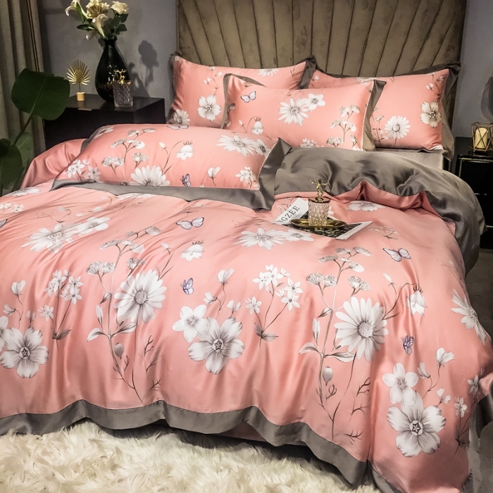 91家纺网 家纺一手货源 找家纺 朵美 2021新款60天丝印花四件套 霓裳蝶舞咖