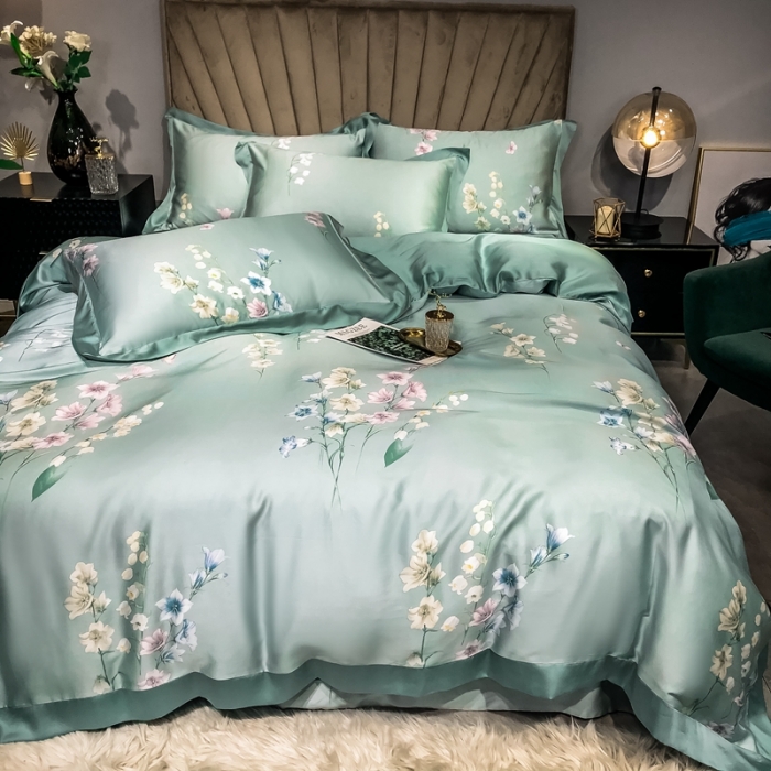 91家纺网 家纺一手货源 找家纺 朵美 2021新款60天丝印花四件套 轻吟花语