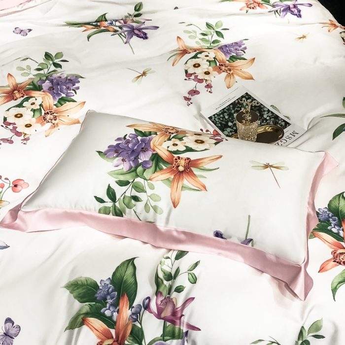 91家纺网 家纺一手货源 找家纺 朵美 2021新款60天丝印花四件套 清新百合