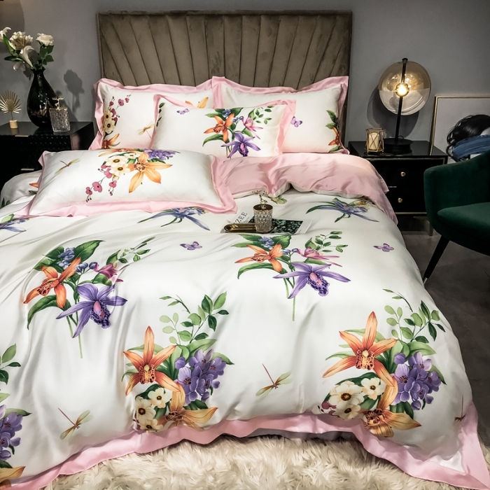 91家纺网 家纺一手货源 找家纺 朵美 2021新款60天丝印花四件套 清新百合