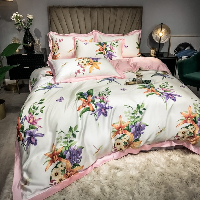 91家纺网 家纺一手货源 找家纺 朵美 2021新款60天丝印花四件套 清新百合