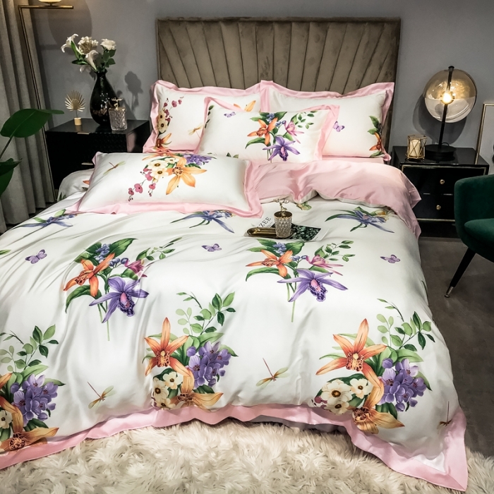 91家纺网 家纺一手货源 找家纺 朵美 2021新款60天丝印花四件套 清新百合