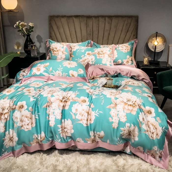 91家纺网 家纺一手货源 找家纺 朵美 2021新款60天丝印花四件套 清幽花香绿