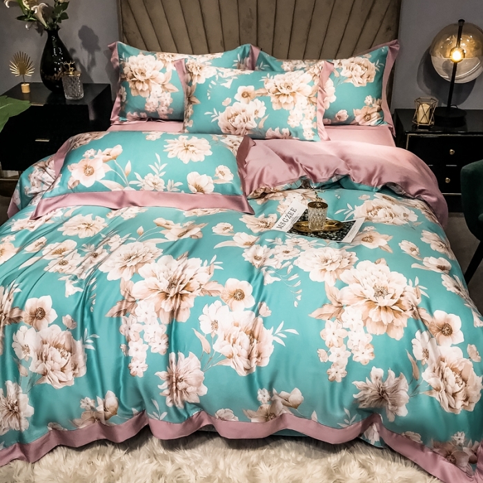 91家纺网 家纺一手货源 找家纺 朵美 2021新款60天丝印花四件套 清幽花香绿