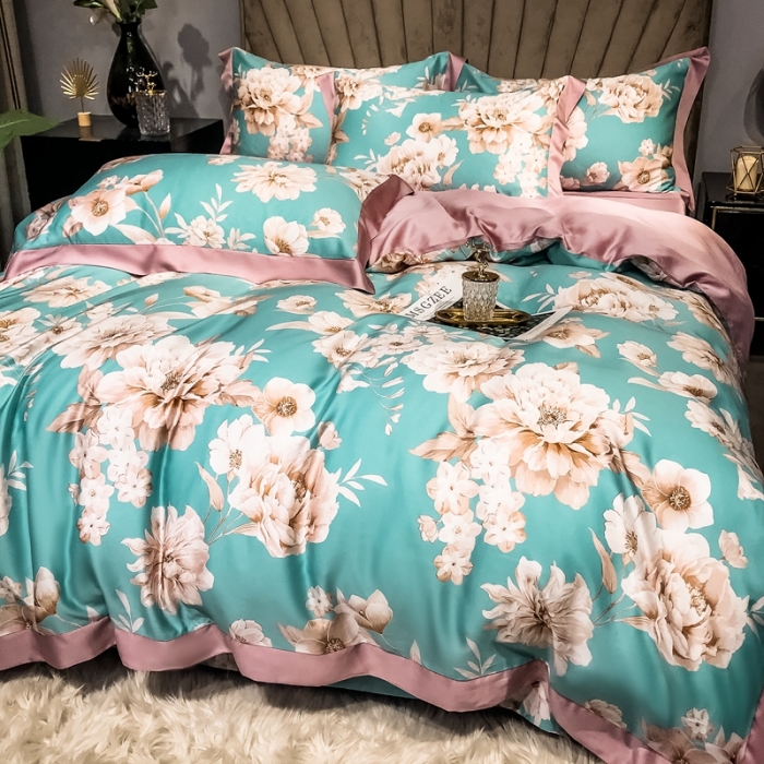 91家纺网 家纺一手货源 找家纺 朵美 2021新款60天丝印花四件套 清幽花香绿