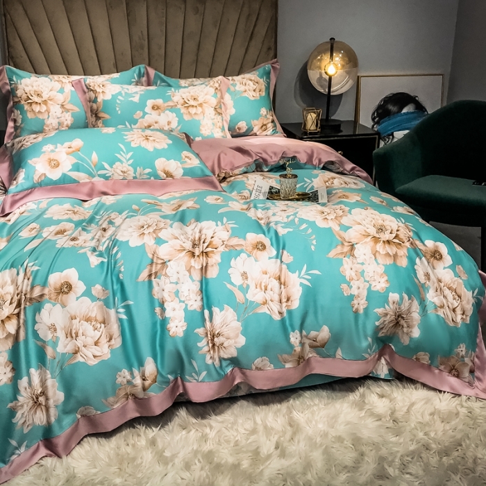 91家纺网 家纺一手货源 找家纺 朵美 2021新款60天丝印花四件套 清幽花香绿