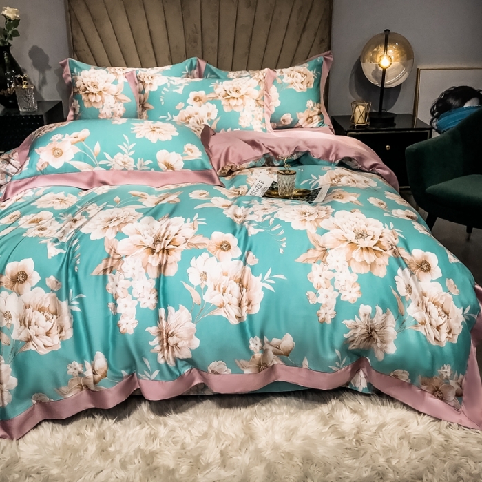 91家纺网 家纺一手货源 找家纺 朵美 2021新款60天丝印花四件套 清幽花香绿