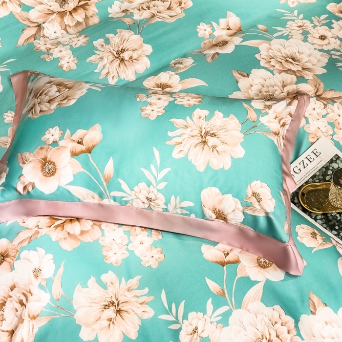 91家纺网 家纺一手货源 找家纺 朵美 2021新款60天丝印花四件套 清幽花香绿