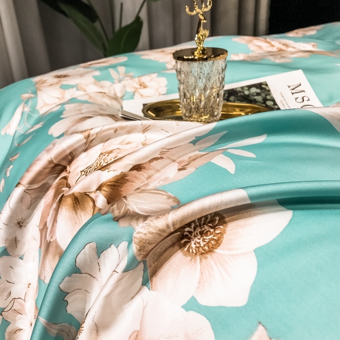 91家纺网 家纺一手货源 找家纺 朵美 2021新款60天丝印花四件套 清幽花香绿