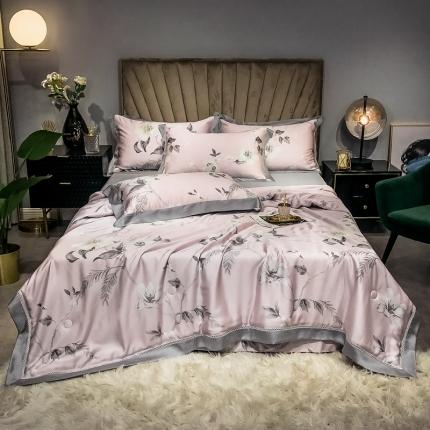 91家纺网 家纺一手货源 找家纺 朵美 2021新款60天丝数码印花夏被四件套 郊游咖