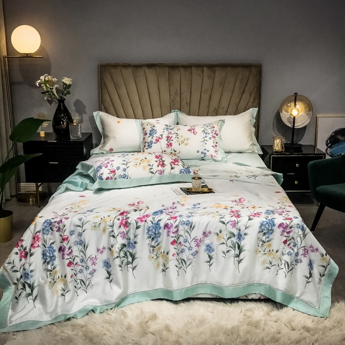 91家纺网 家纺一手货源 找家纺 朵美 2021新款60天丝数码印花夏被四件套 岸芷汀兰
