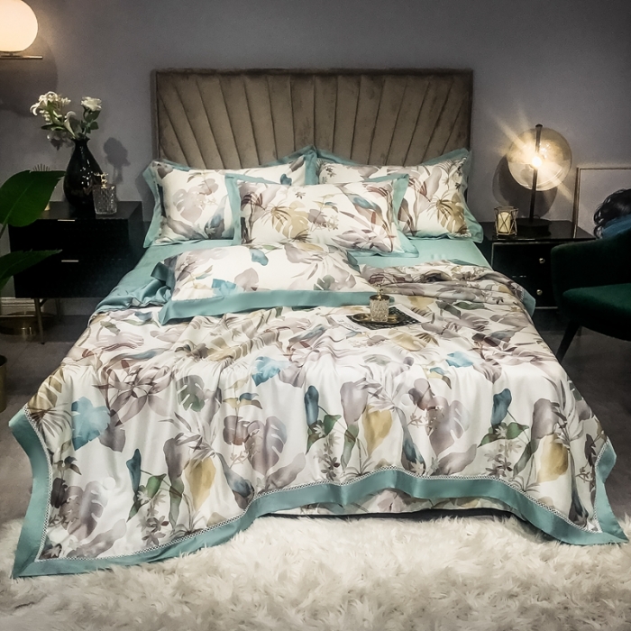91家纺网 家纺一手货源 找家纺 朵美 2021新款60天丝数码印花夏被四件套 丛林花影