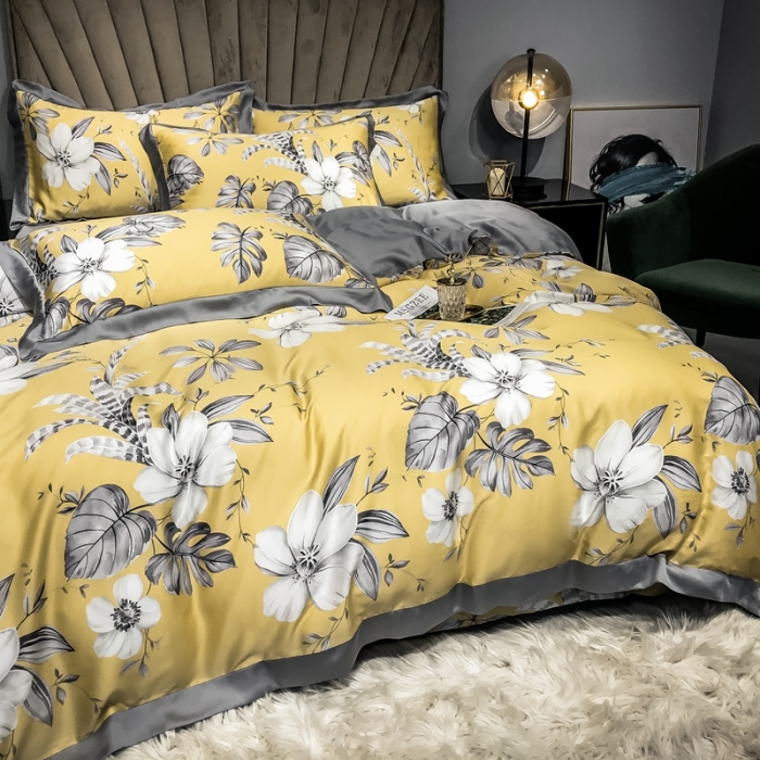 91家纺网 家纺一手货源 找家纺 朵美 2021新款60天丝数码印花夏被四件套 米卢黄